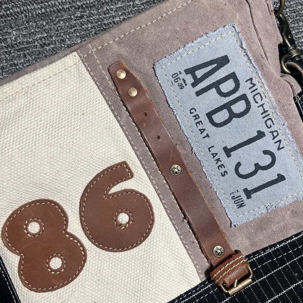 ⁠Myra Bag Upcycled Canvas Leather Crossbody Messenger Bag Michigan License Plate